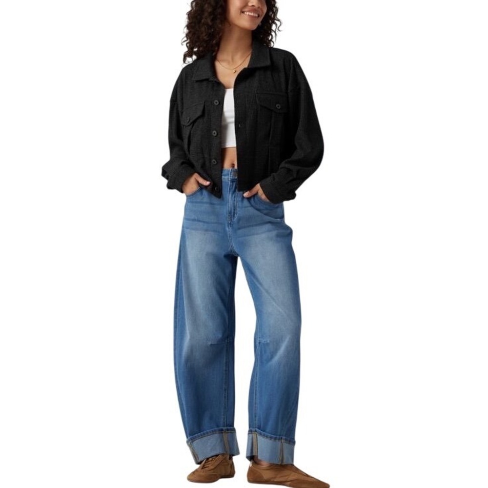 Halara Long Sleeve Knit Waffle Casual Jacket with Pockets, Size Small, Black,NWT